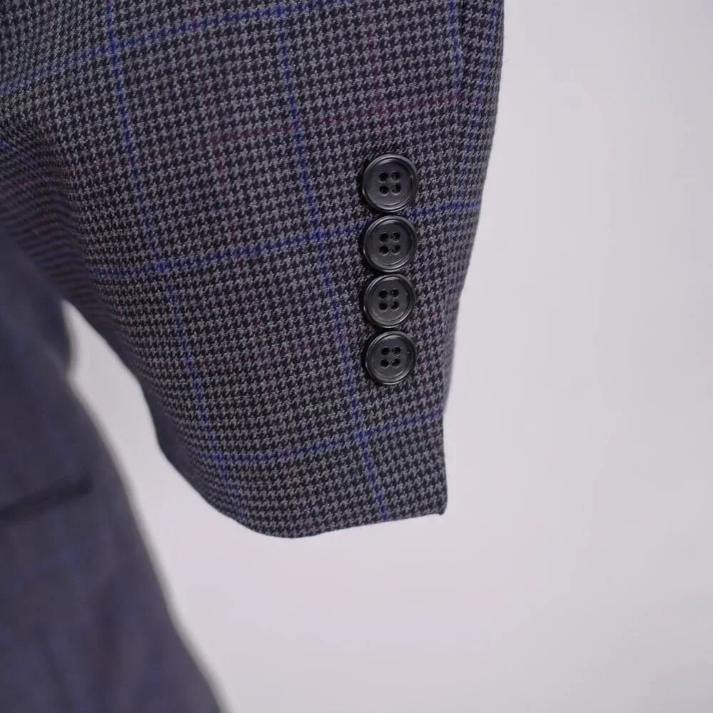 Jos‎ A Bank Regal Fit Wool Gray Black Houndstooth W/ Purple Blue Windowpane 50L